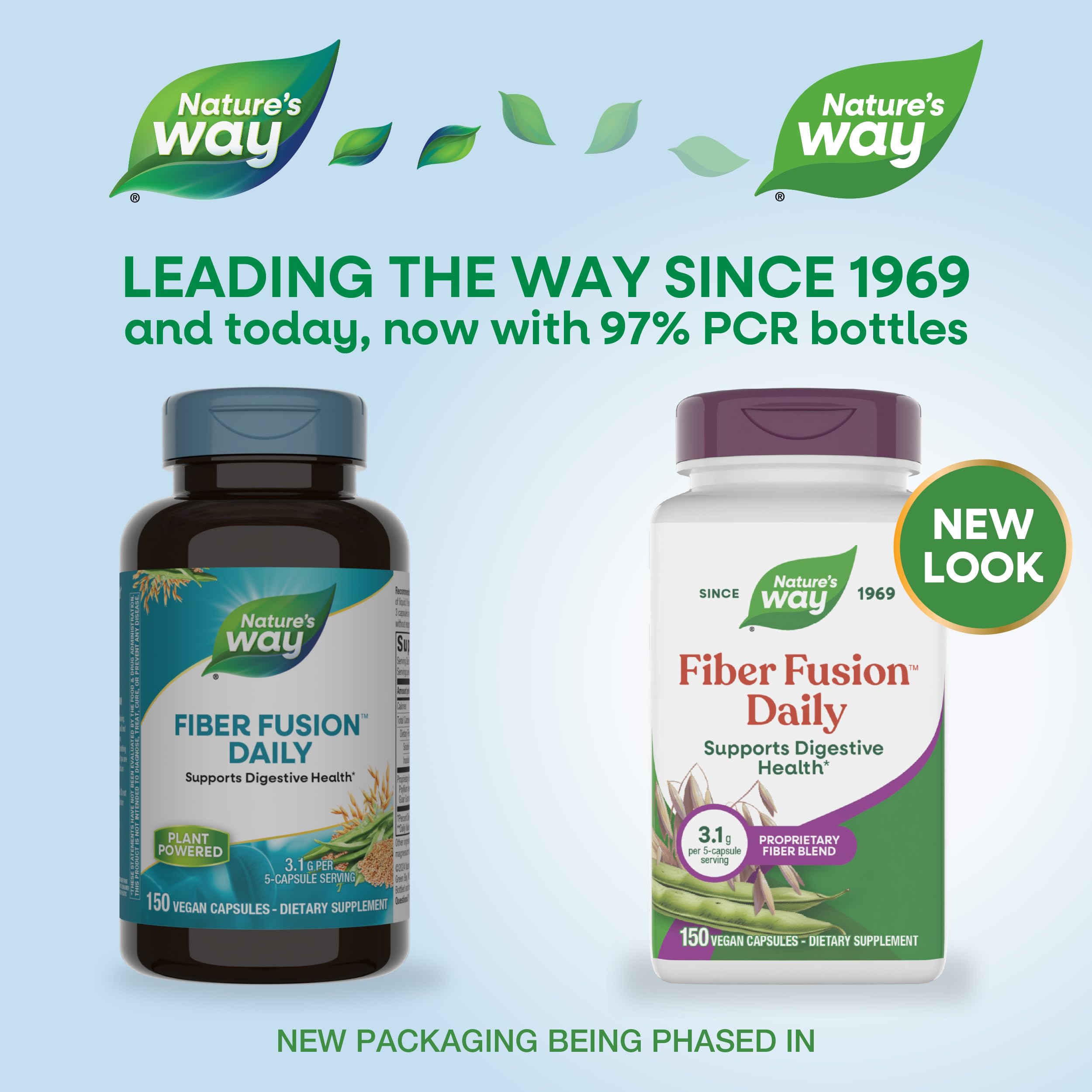 Nature's Way Fiber Fusion Daily bottle back label with psyllium, oats, and plant fiber blend.