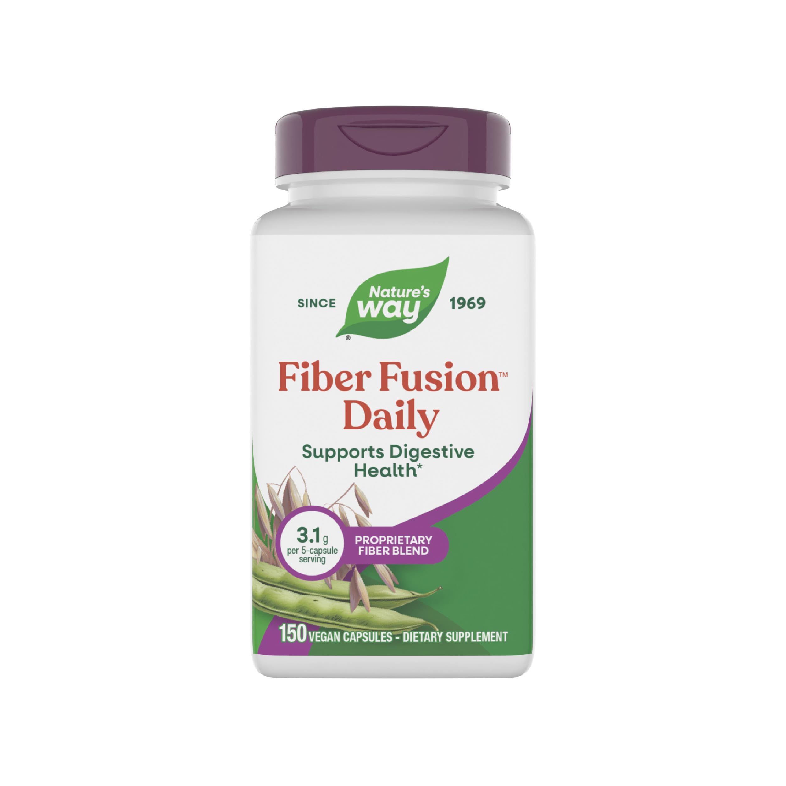 Nature's Way Fiber Fusion Daily bottle front view, vegan fiber blend for digestive support.