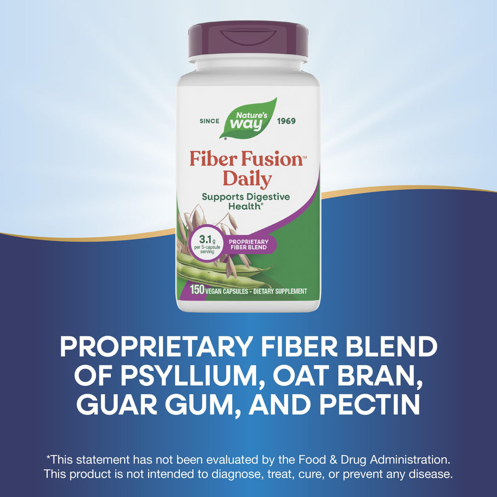 Nature's Way Fiber Fusion Daily capsules in hand, easy daily intake.