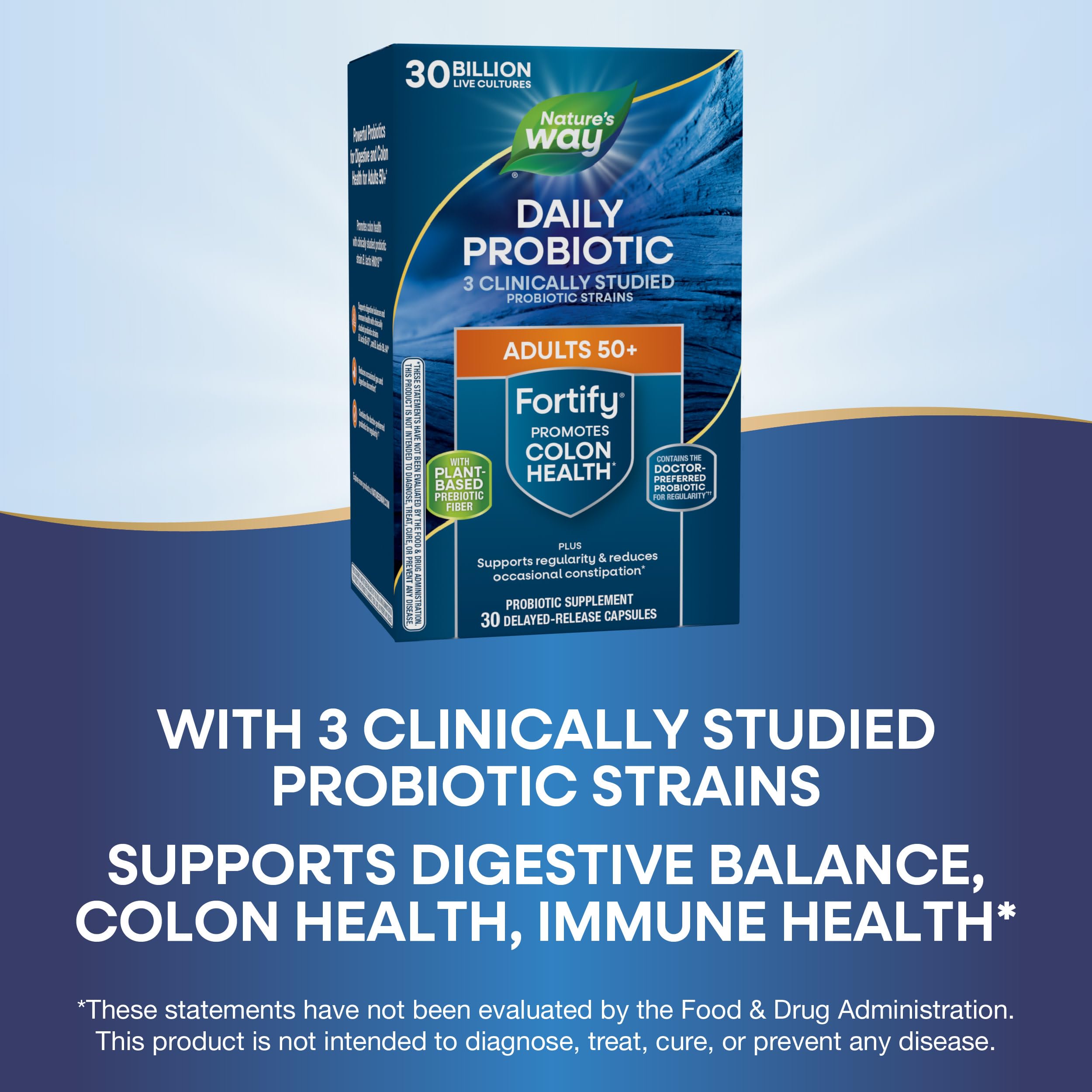 Fortify 50+ label close-up highlighting 11 probiotic strains.
