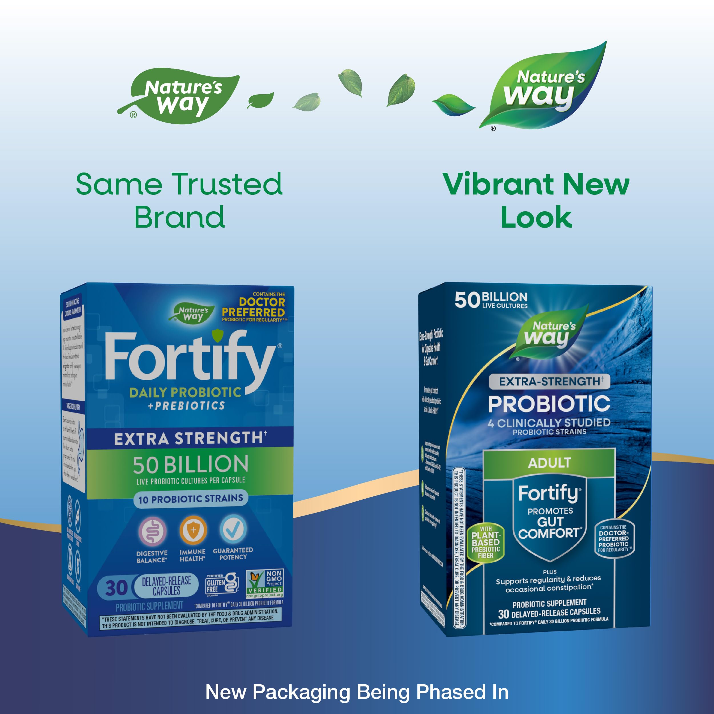 Nature's Way Fortify Probiotic bottle label shows 50B CFU potency.