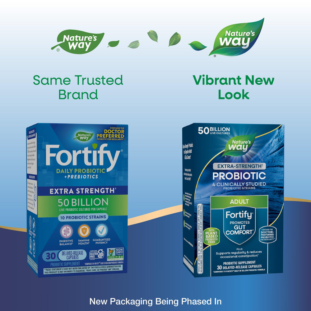 Nature's Way Fortify Probiotic bottle label shows 50B CFU potency.