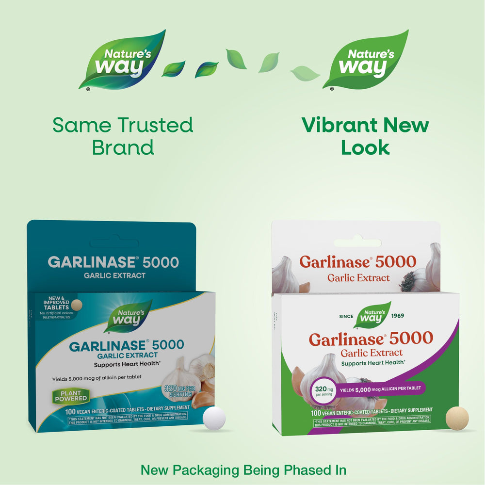 Garlinase 5000 tablet close-up highlighting 5000 mcg allicin per serving for potential heart health.