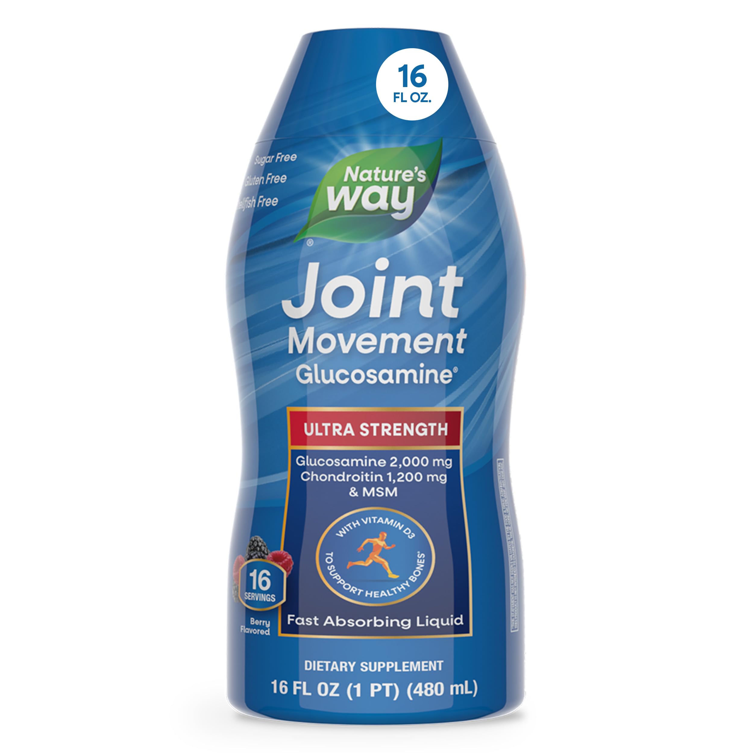 Nature's Way Glucosamine Liquid bottle shows berry flavor for easy daily joint support.