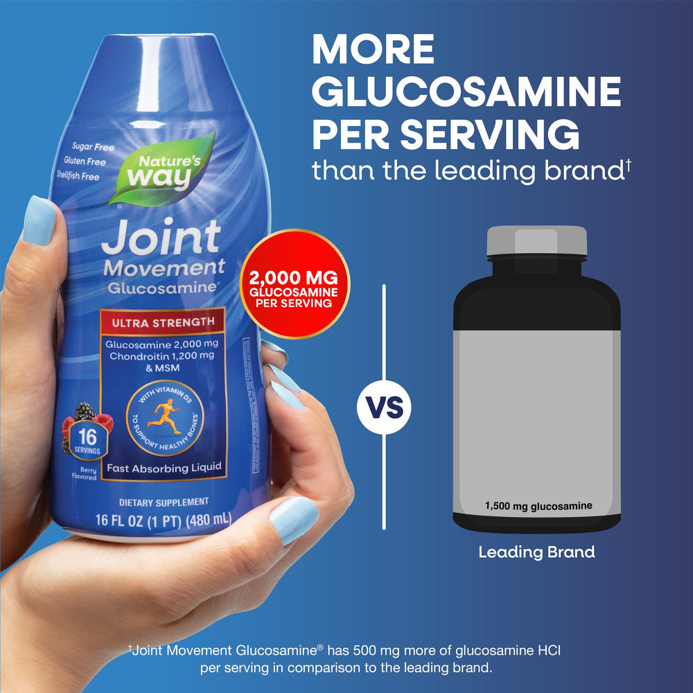 Nature's Way Glucosamine Liquid dosage spoon shows 2 tablespoons daily guidance.