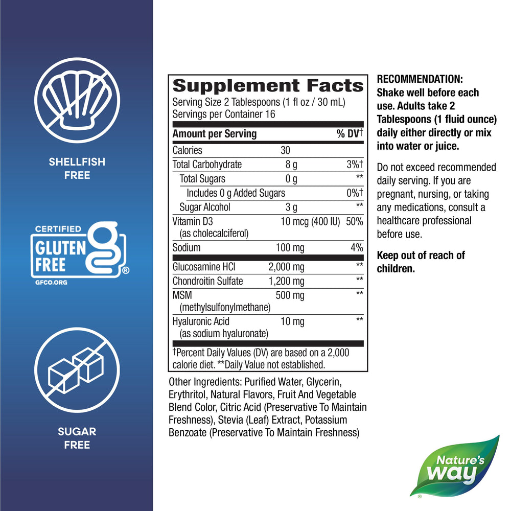 Nature's Way Glucosamine Liquid packaging shows gluten-free, sugar-free, shellfish-free formula.