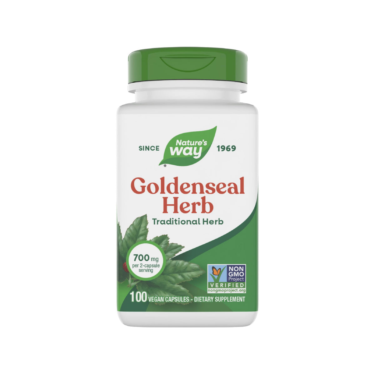 Nature's Way Goldenseal bottle front view, vegan and gluten-free dietary supplement.