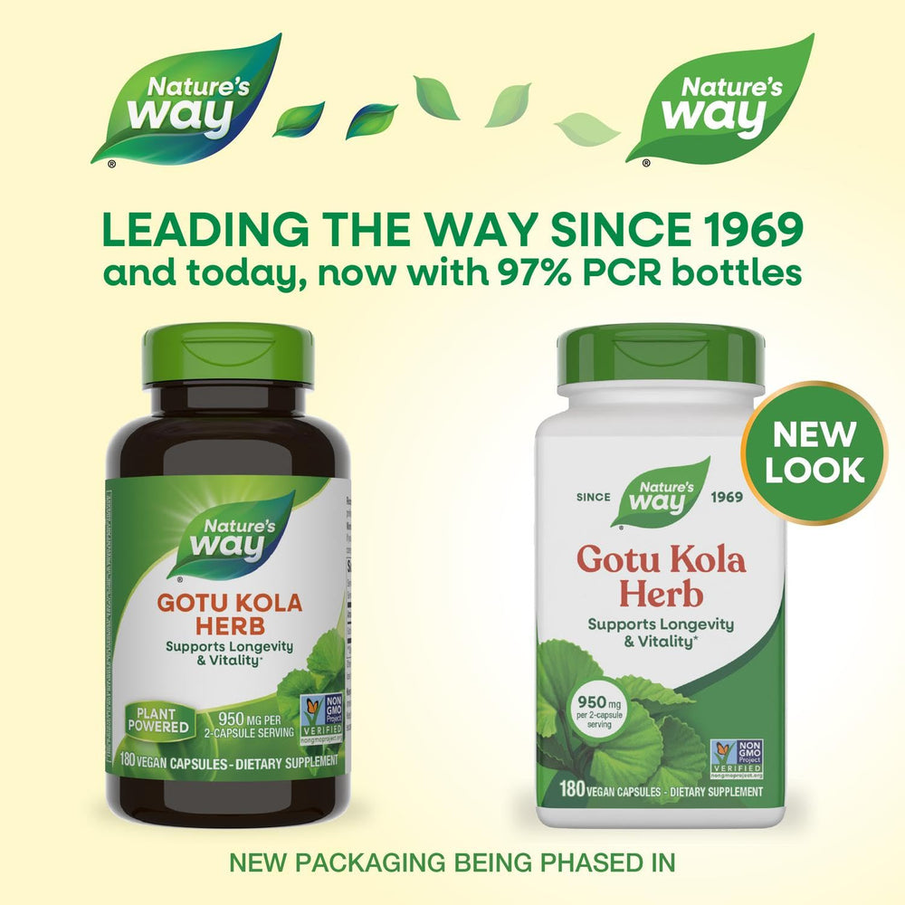 Nature's Way Gotu Kola bottle back label with serving size for daily vitality support