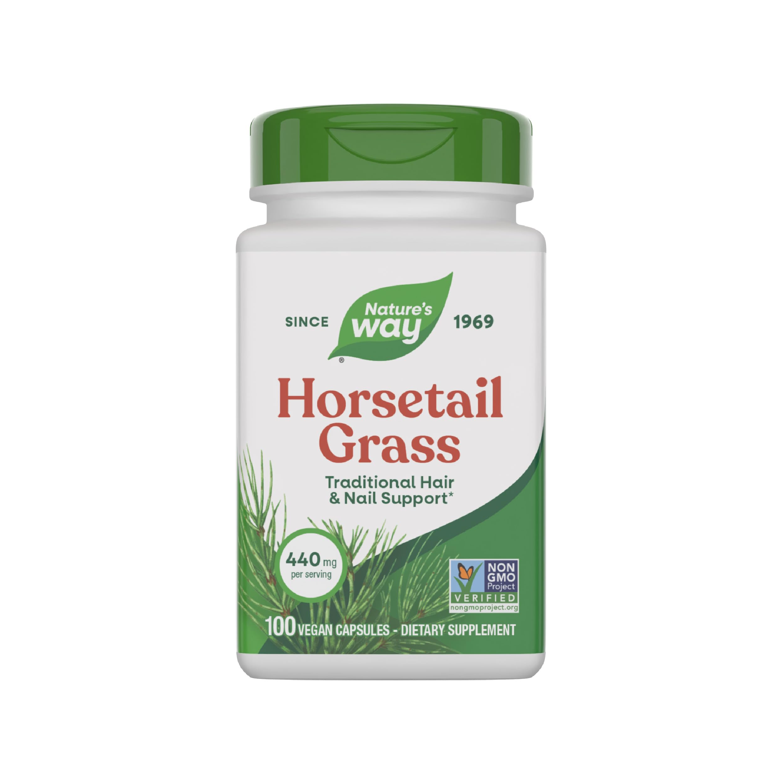 Nature's Way Horsetail Grass bottle label highlighting traditional hair and nail support