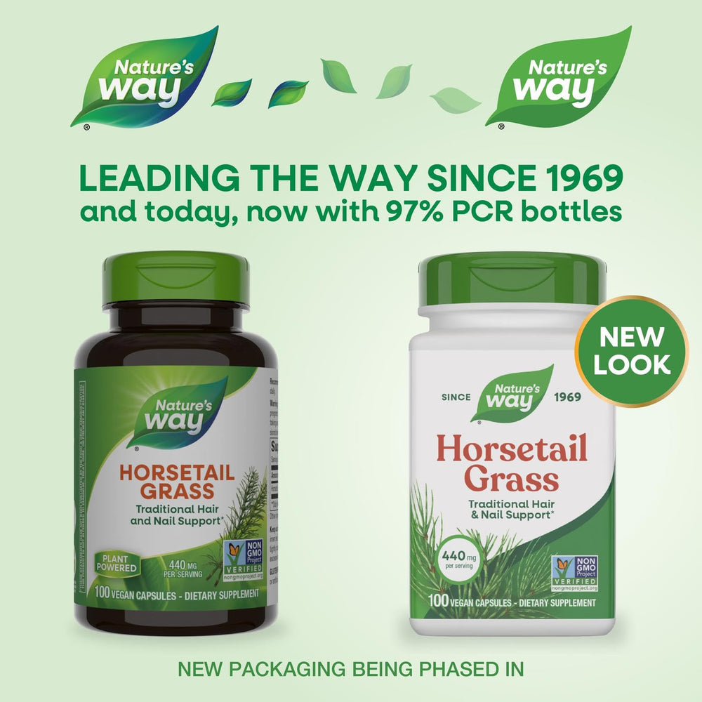 Nature's Way Horsetail Grass capsules close-up showing 440 mg per serving potency