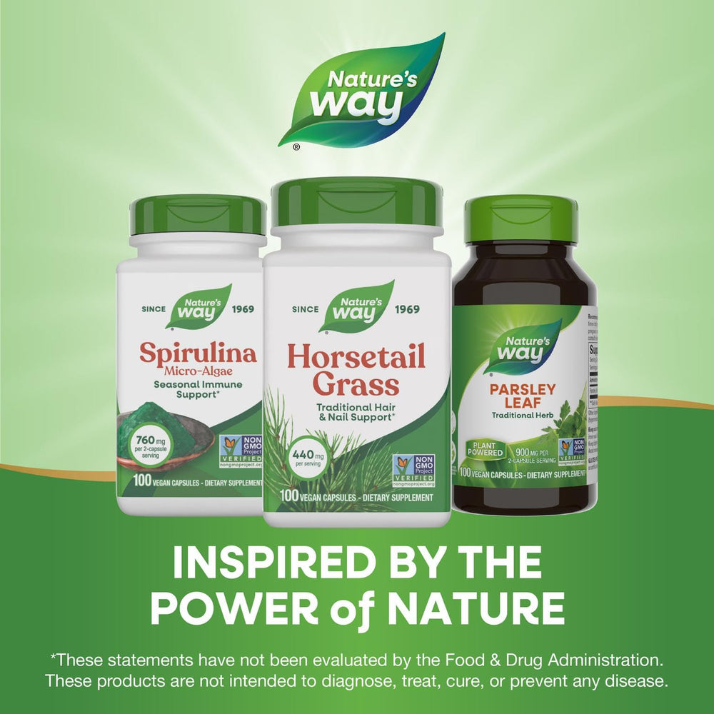 Nature's Way Horsetail Grass bottle shows 100 capsules for convenient daily use