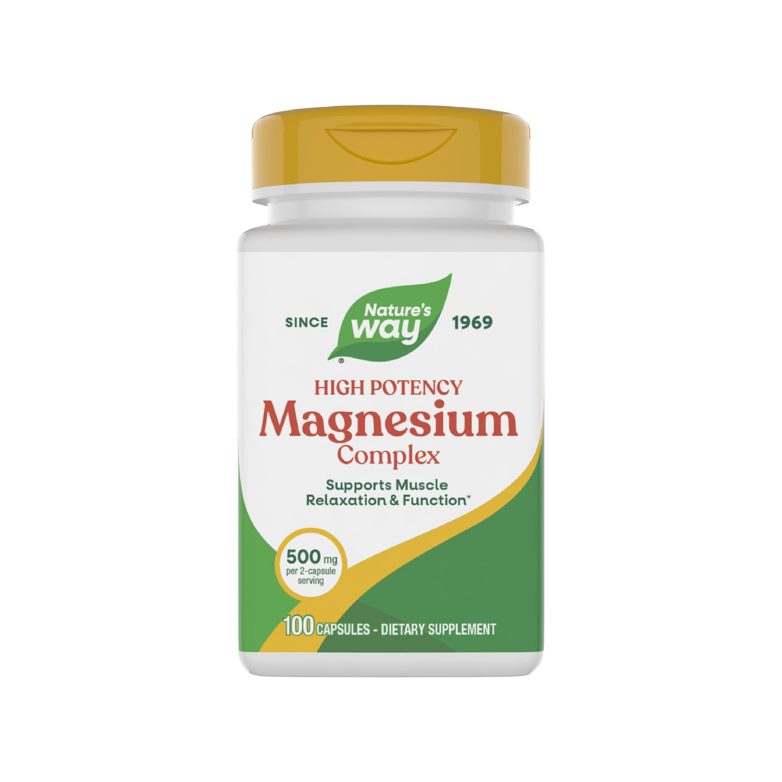 Nature's Way Magnesium Complex bottle closeup for daily muscle support.