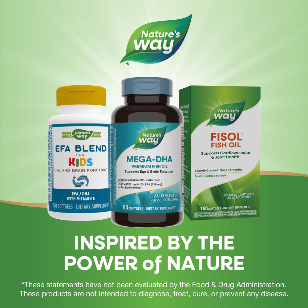 Nature's Way Mega-DHA bottle in use supports daily omega-3 intake.