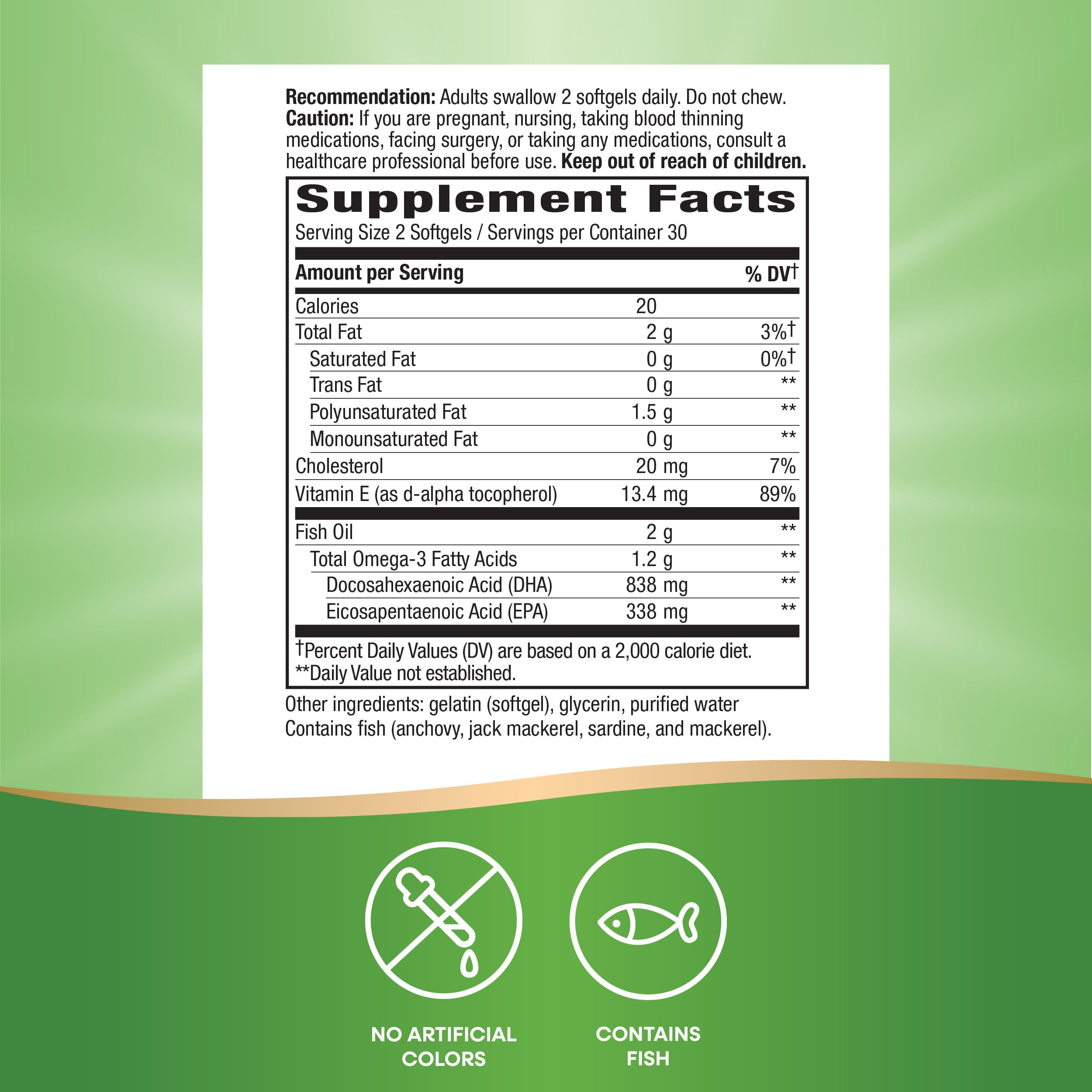 Nature's Way Mega-DHA dosage illustration highlights two softgels per day for daily intake.