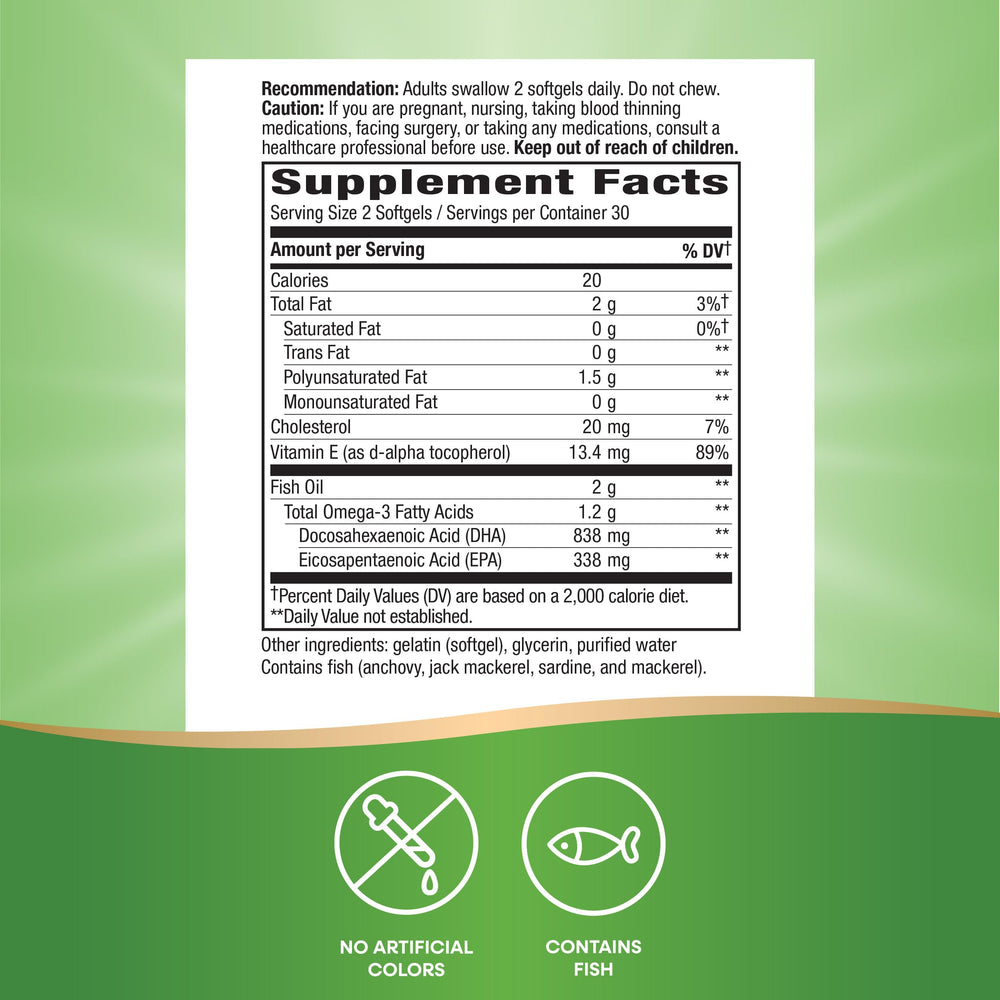 Nature's Way Mega-DHA dosage illustration highlights two softgels per day for daily intake.