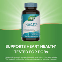 Nature's Way Mega-DHA capsules closeup emphasizes fish oil rich in DHA and EPA.