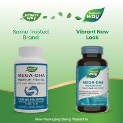 Nature's Way Mega-DHA softgels closeup shows easy-to-swallow capsules for daily use.