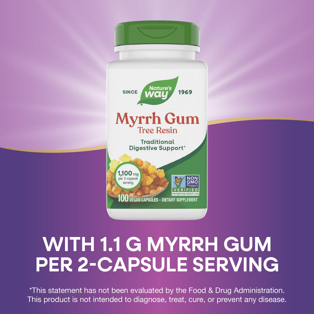 Nature's Way Myrrh Gum Tree Resin bottle being poured for easy dosing in routine use.