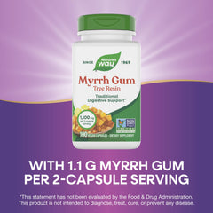 Nature's Way Myrrh Gum Tree Resin bottle being poured for easy dosing in routine use.