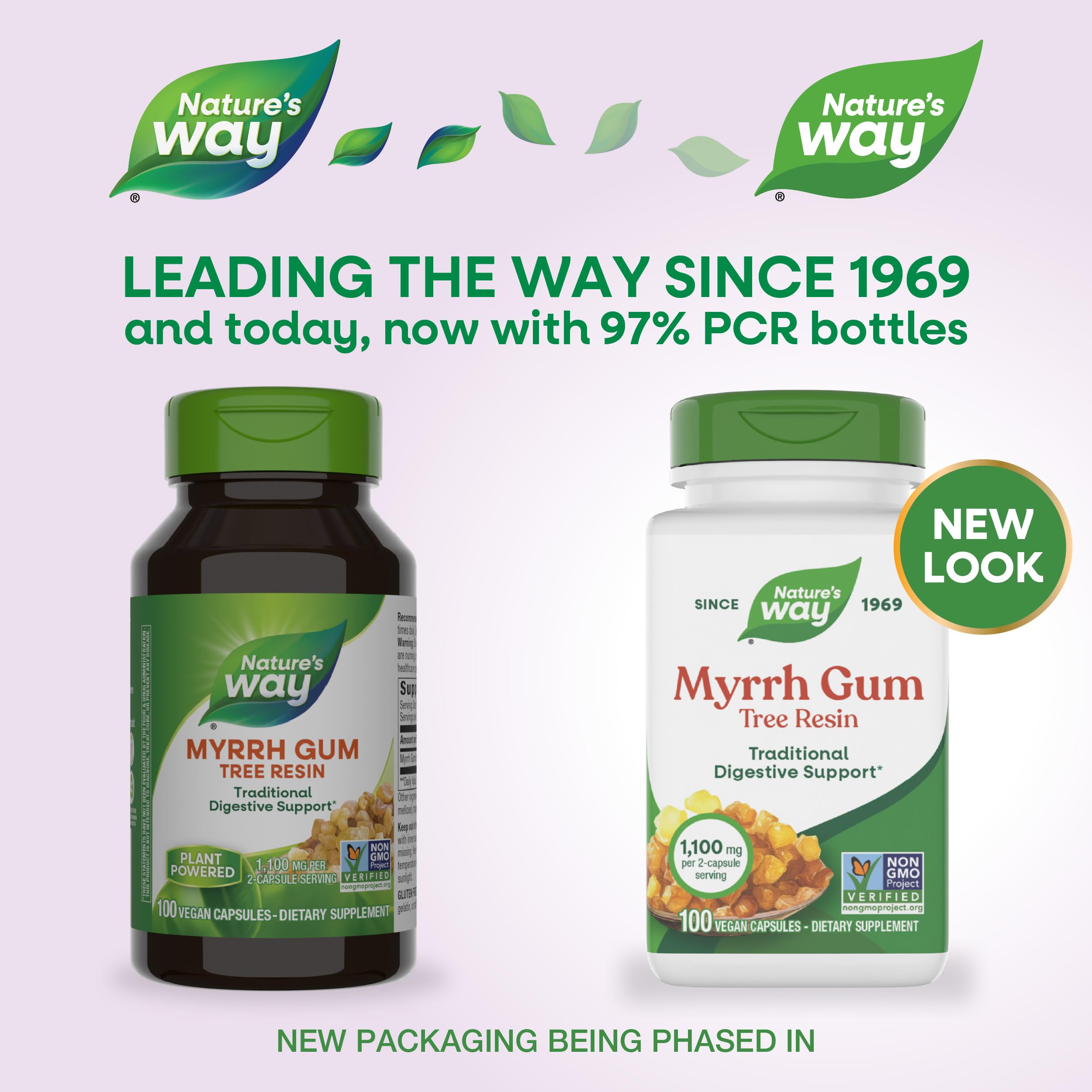 Closeup of Nature's Way Myrrh Gum Tree Resin capsules, highlighting vegan capsules for convenient daily use.