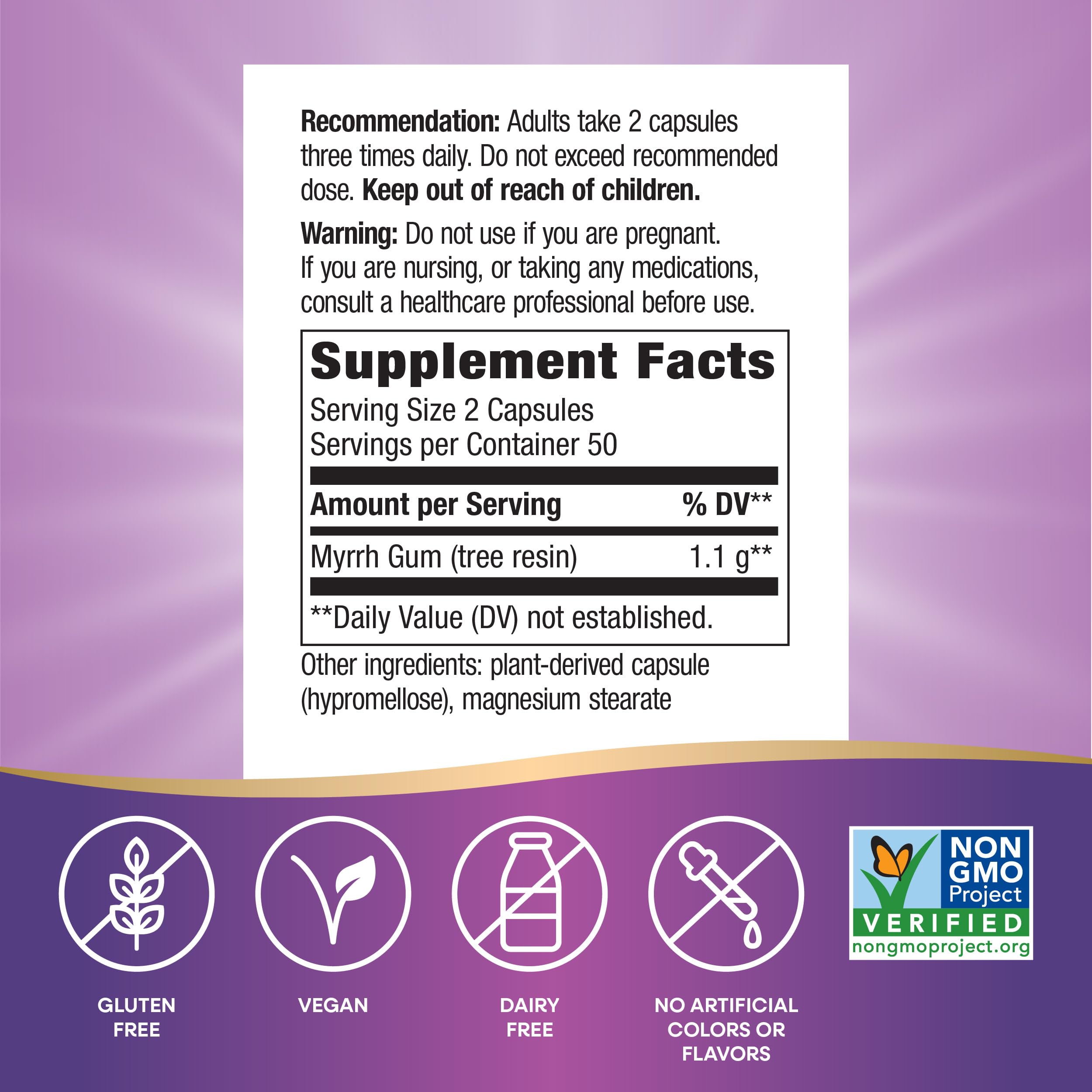 Detail of Nature's Way Myrrh Gum Tree Resin label emphasizing non-GMO and gluten-free features.
