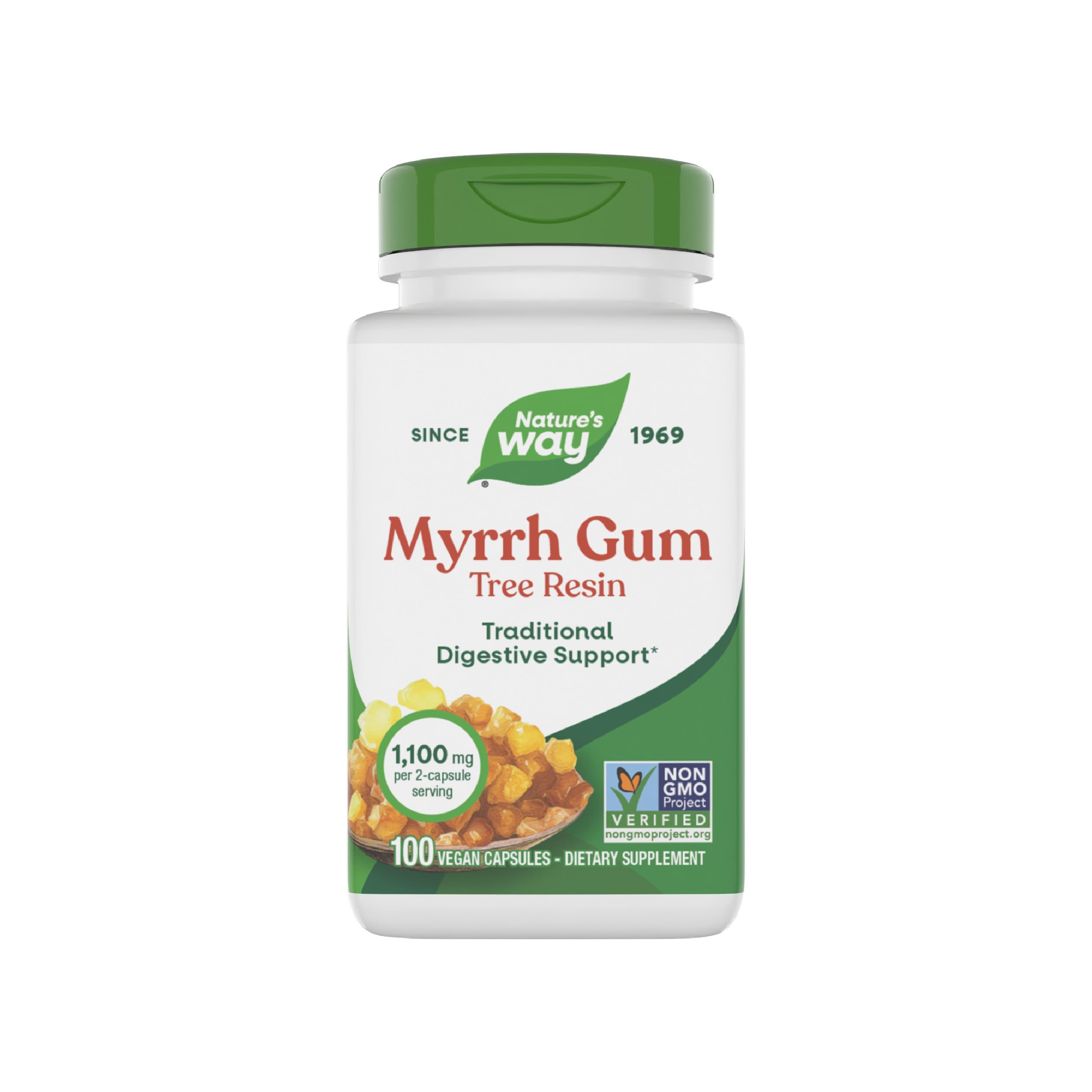 Nature's Way Myrrh Gum Tree Resin packaging front shows trusted, non-GMO herbal support for daily wellness.