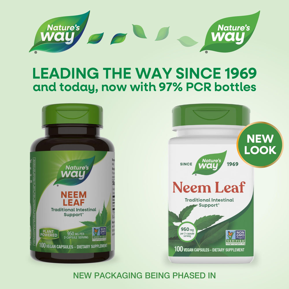 Close-up of Neem Leaf label showing 950 mg per 2-capsule serving.