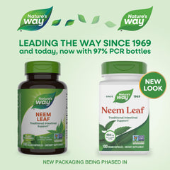 Close-up of Neem Leaf label showing 950 mg per 2-capsule serving.