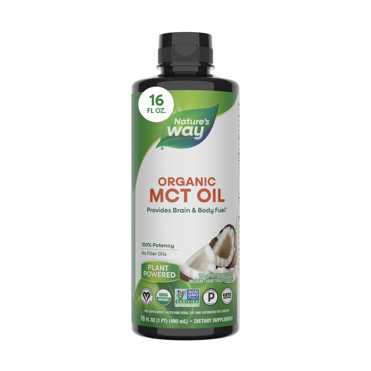Nature’s Way Organic MCT Oil bottle pour for quick, flavorless energy to start your day