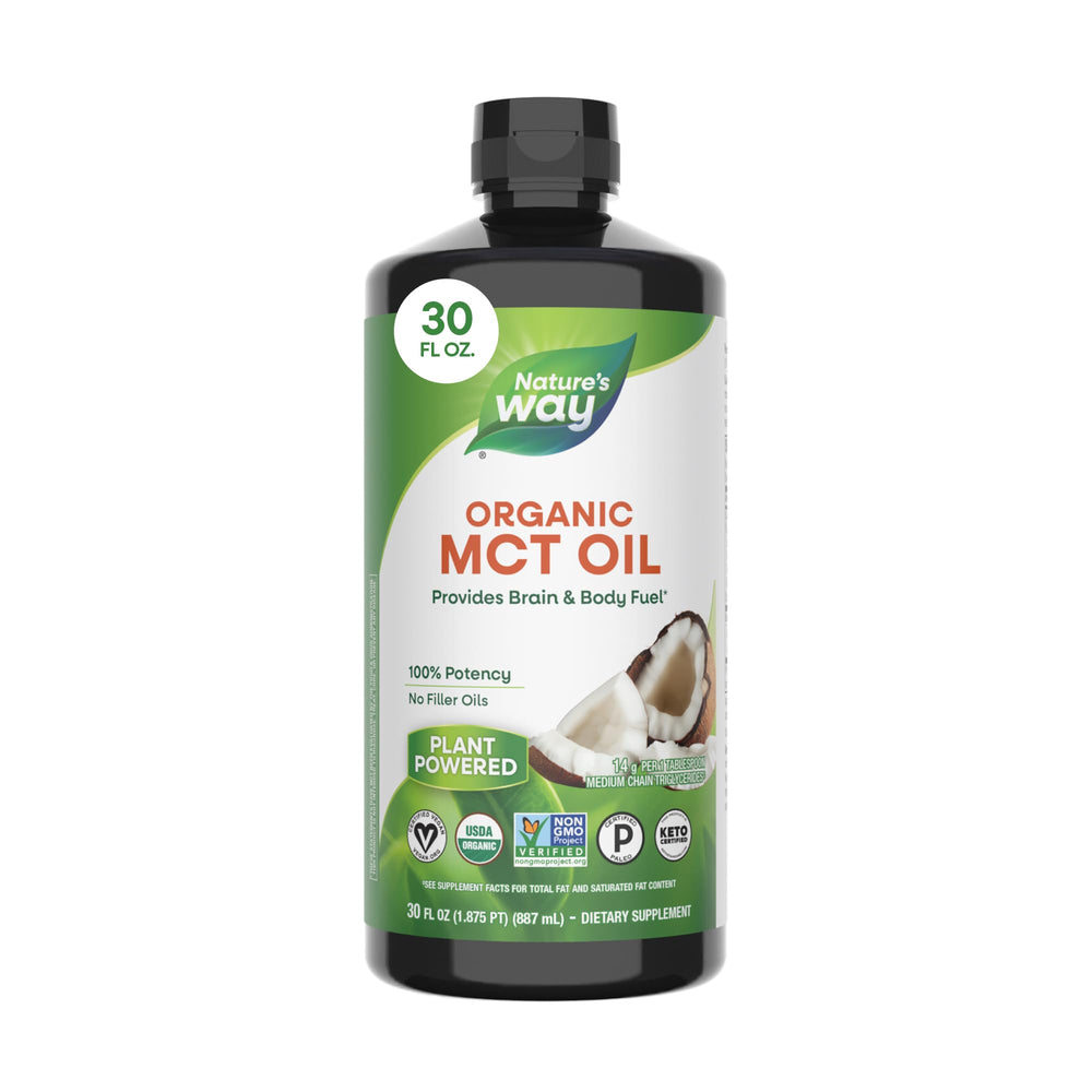 Nature's Way Organic MCT Oil bottle shown for everyday energy and flavorless use.