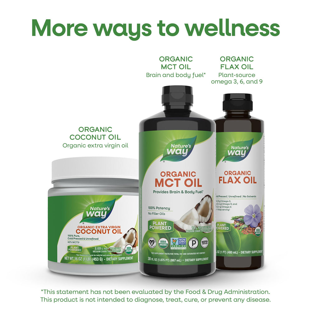 Nature's Way Organic MCT Oil label confirms organic, non-GMO, no palm oil.