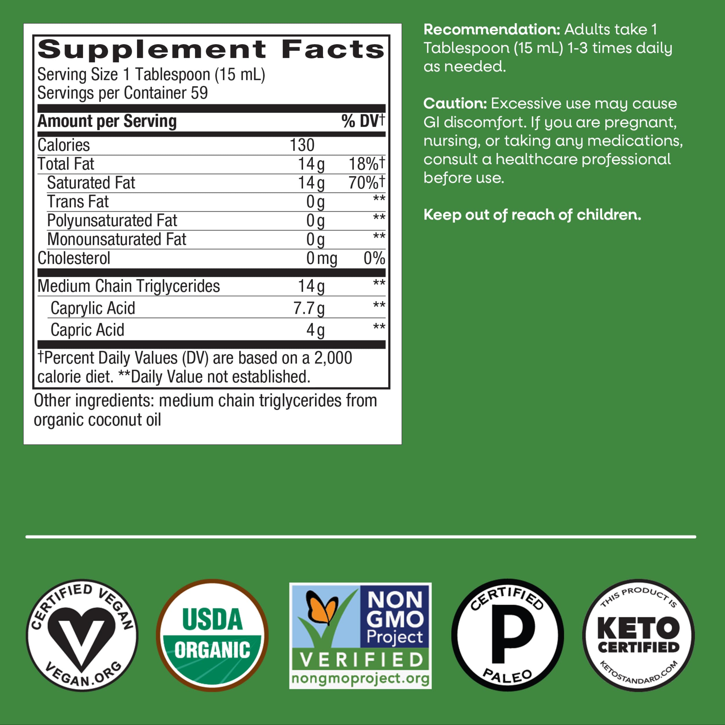 Nature's Way Organic MCT Oil bottle emphasizes C8 and C10 energy potential.