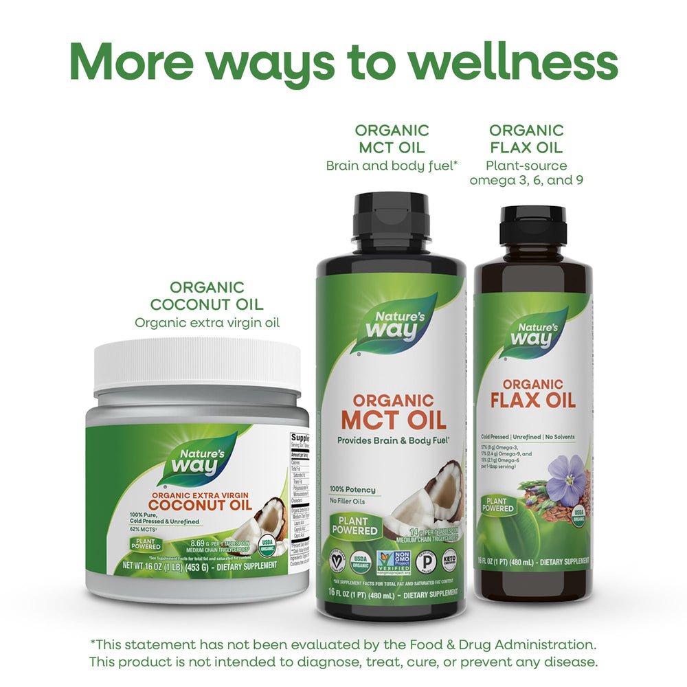 Nature’s Way Organic MCT Oil organic label highlighting clean, palm-free coconut sourcing