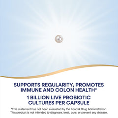 Label close-up shows five Bifidobacteria strains for gut health.