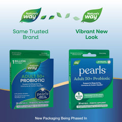 Nature's Way Pearls 50+ softgel close-up highlighting 1 billion cultures.