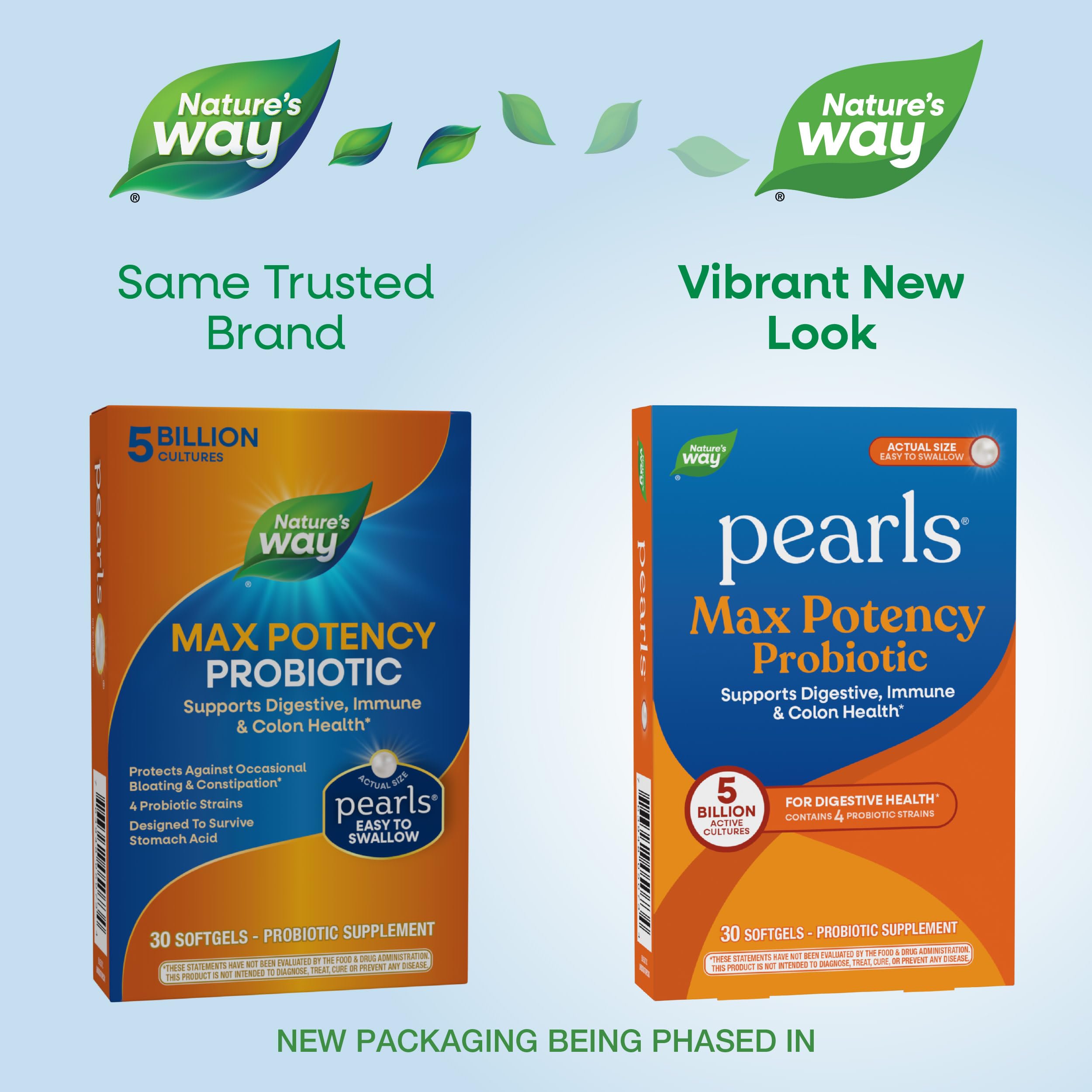 Nature's Way Probiotic Pearls Max Potency softgels closeup designed for easy swallowing