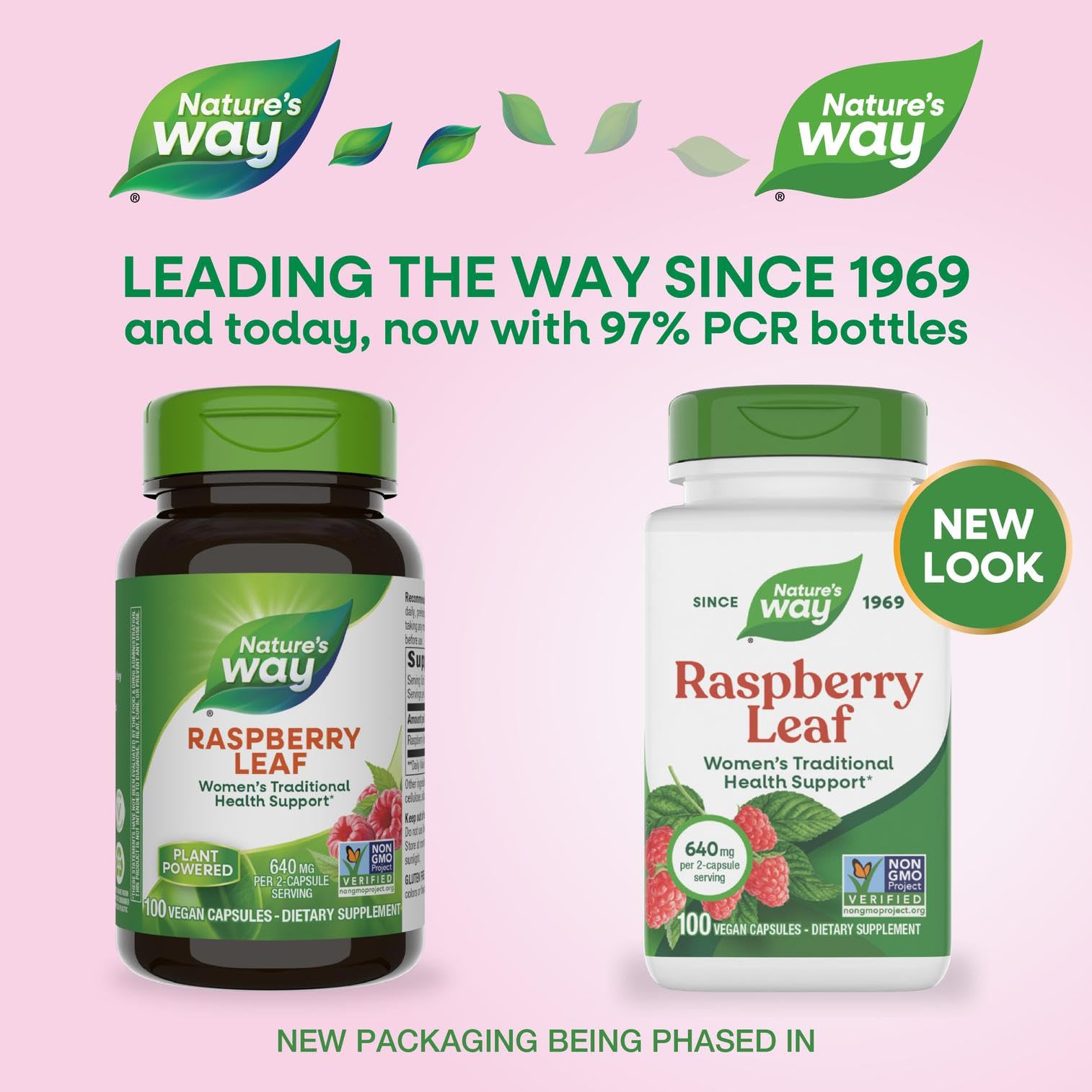 Nature's Way Raspberry Leaf non-GMO badge emphasizes clean, trusted ingredients.