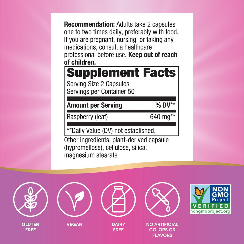 Nature's Way Raspberry Leaf serving info highlights 900 mg per serving for consistency.