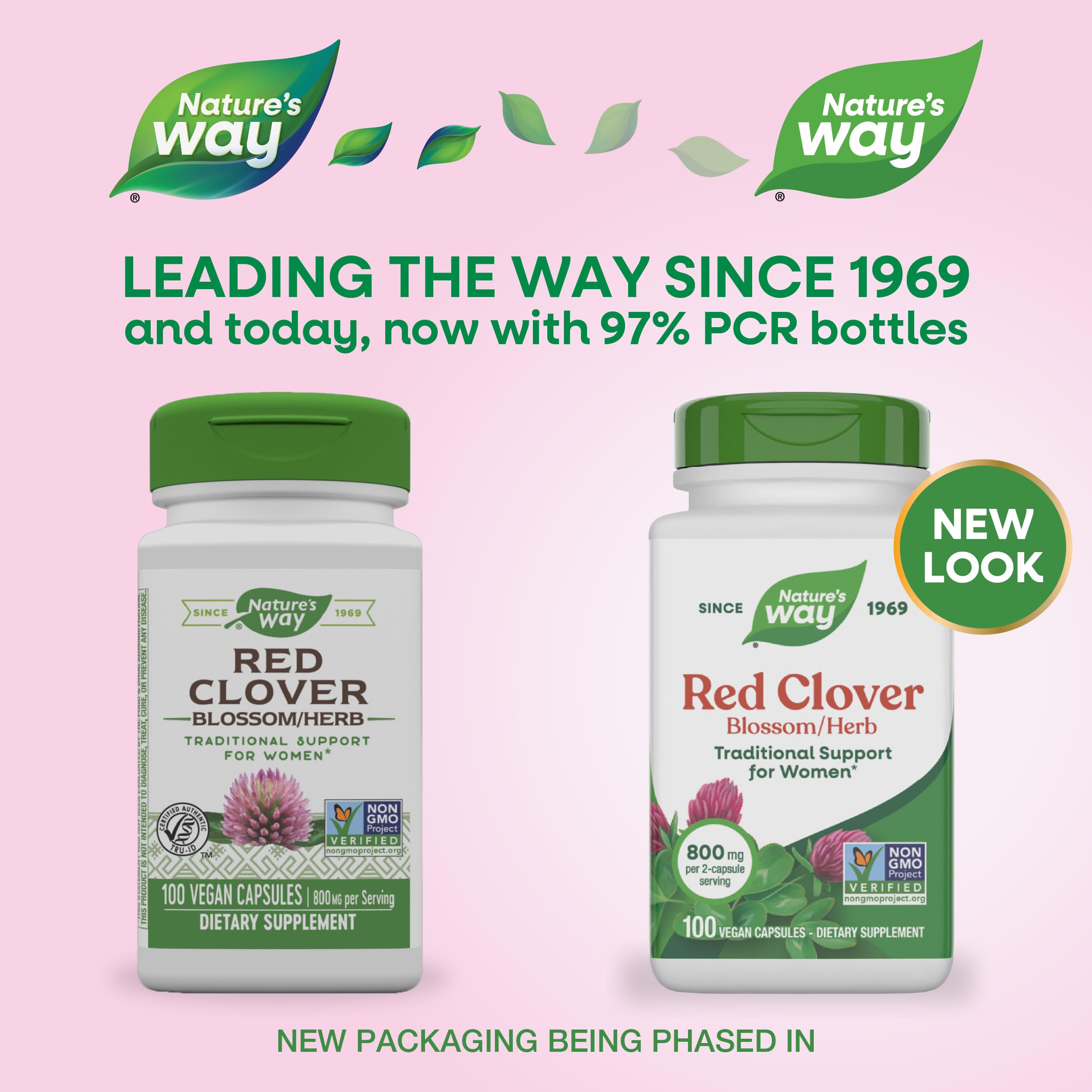 Nature's Way Red Clover Blossom capsules closeup highlighting 800 mg per serving