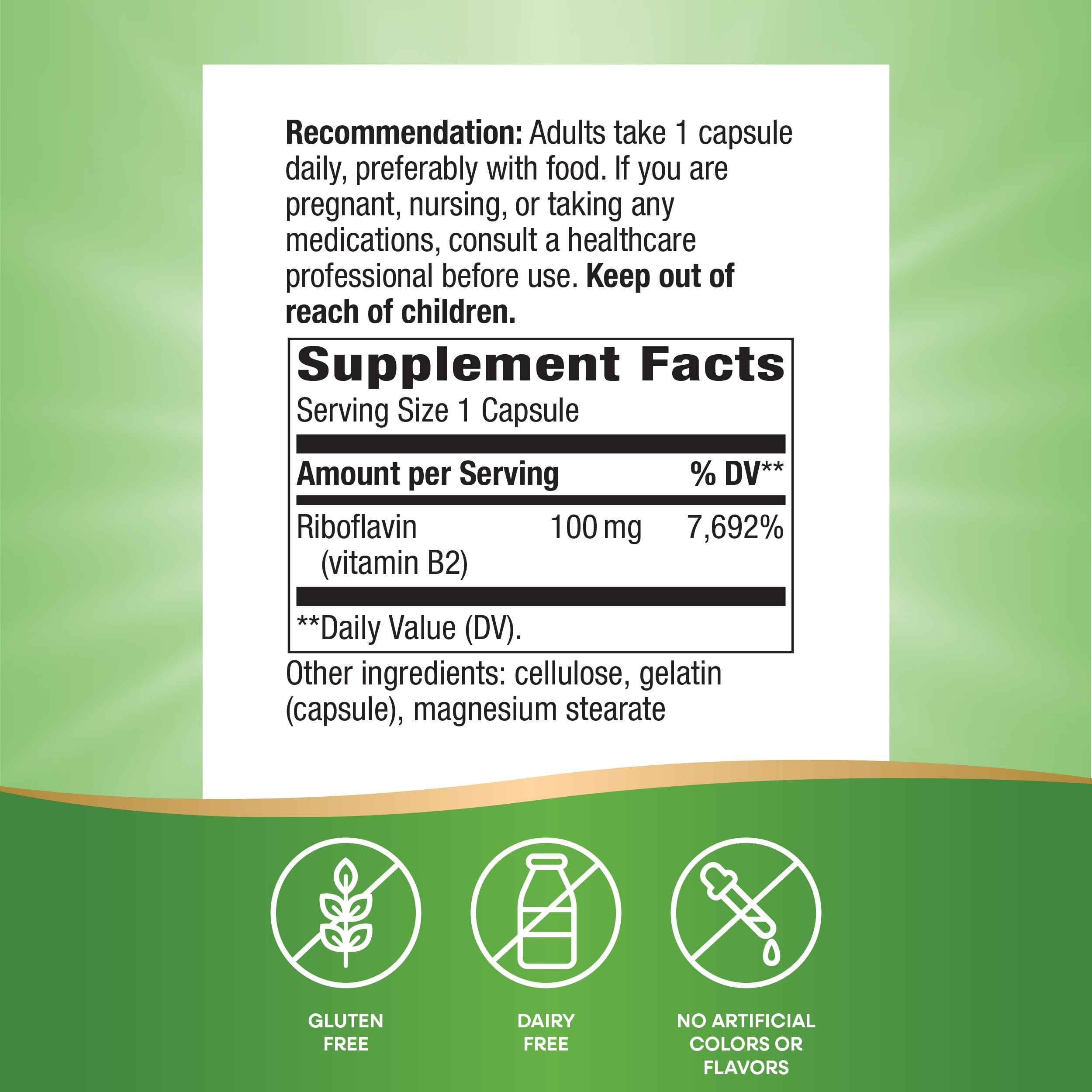 Nature's Way Riboflavin nutrition facts panel shows vitamin B2 content.