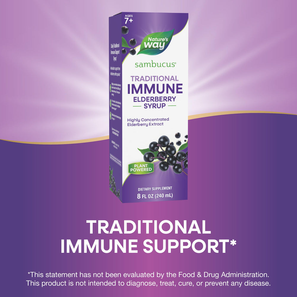 Nature's Way Sambucus dose cup shown for simple daily dosing.