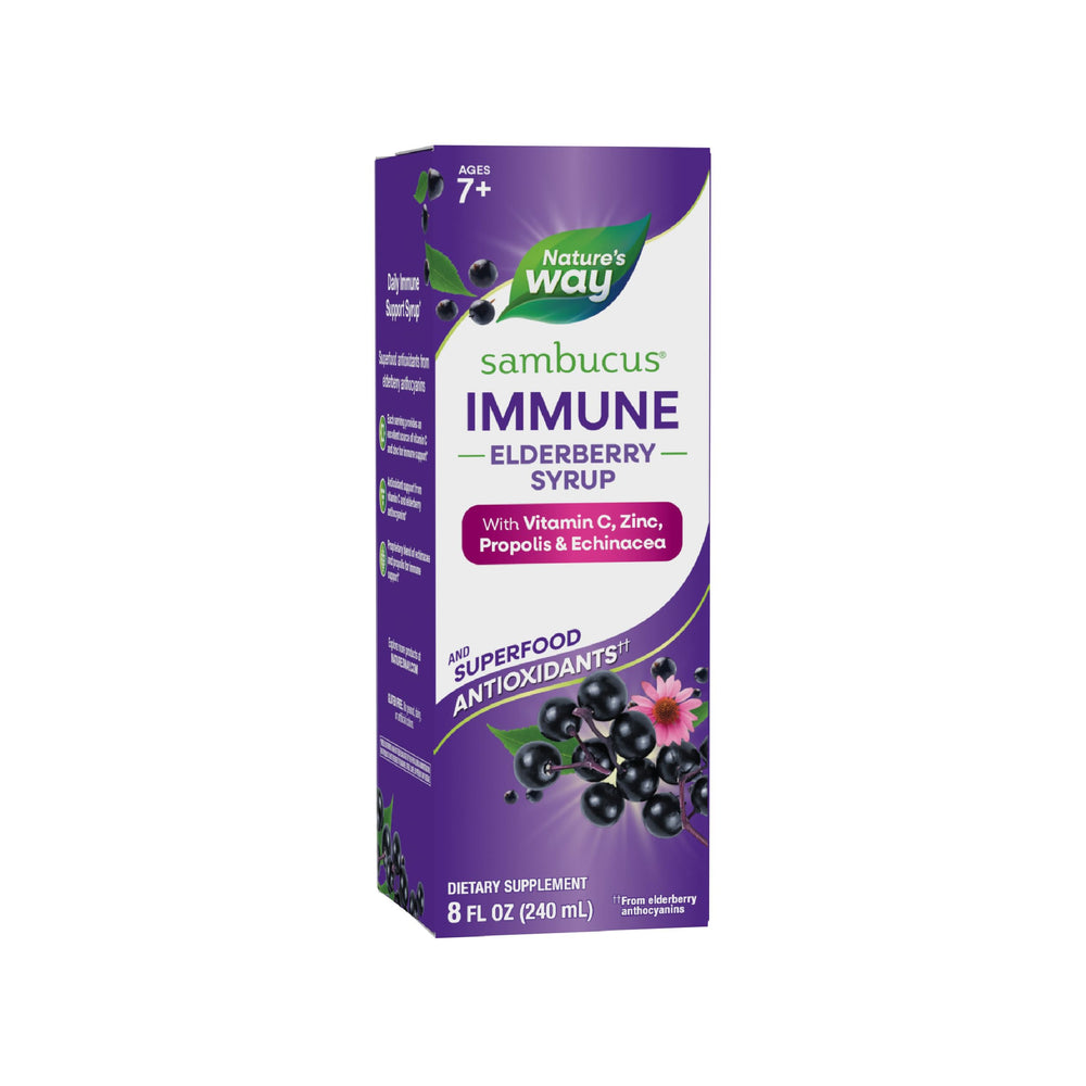 Nature's Way Sambucus elderberry syrup bottle for daily immune support