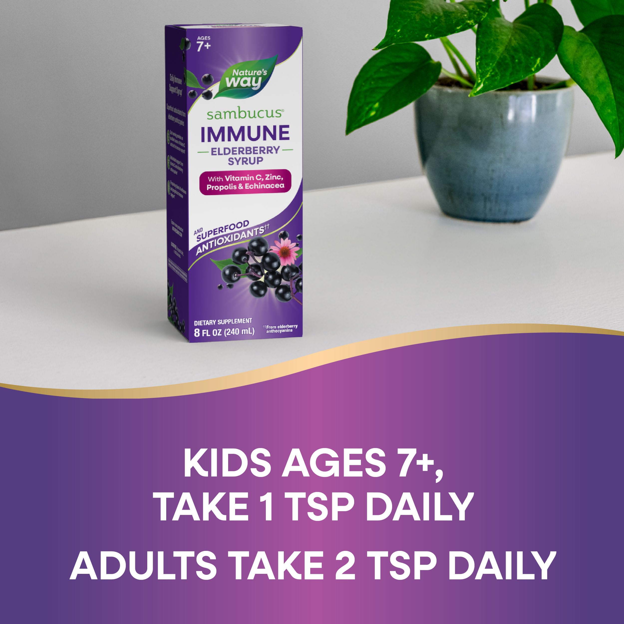 Kids dosing example with Nature's Way Sambucus syrup for family use