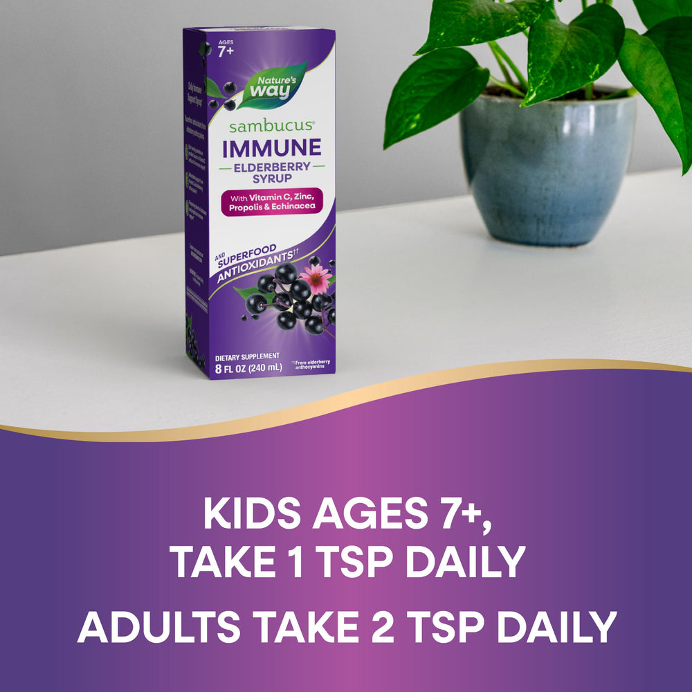 Kids dosing example with Nature's Way Sambucus syrup for family use