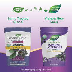 Nature's Way Sambucus lozenges ingredients panel shows zinc, vitamin C, and elderberry extract.