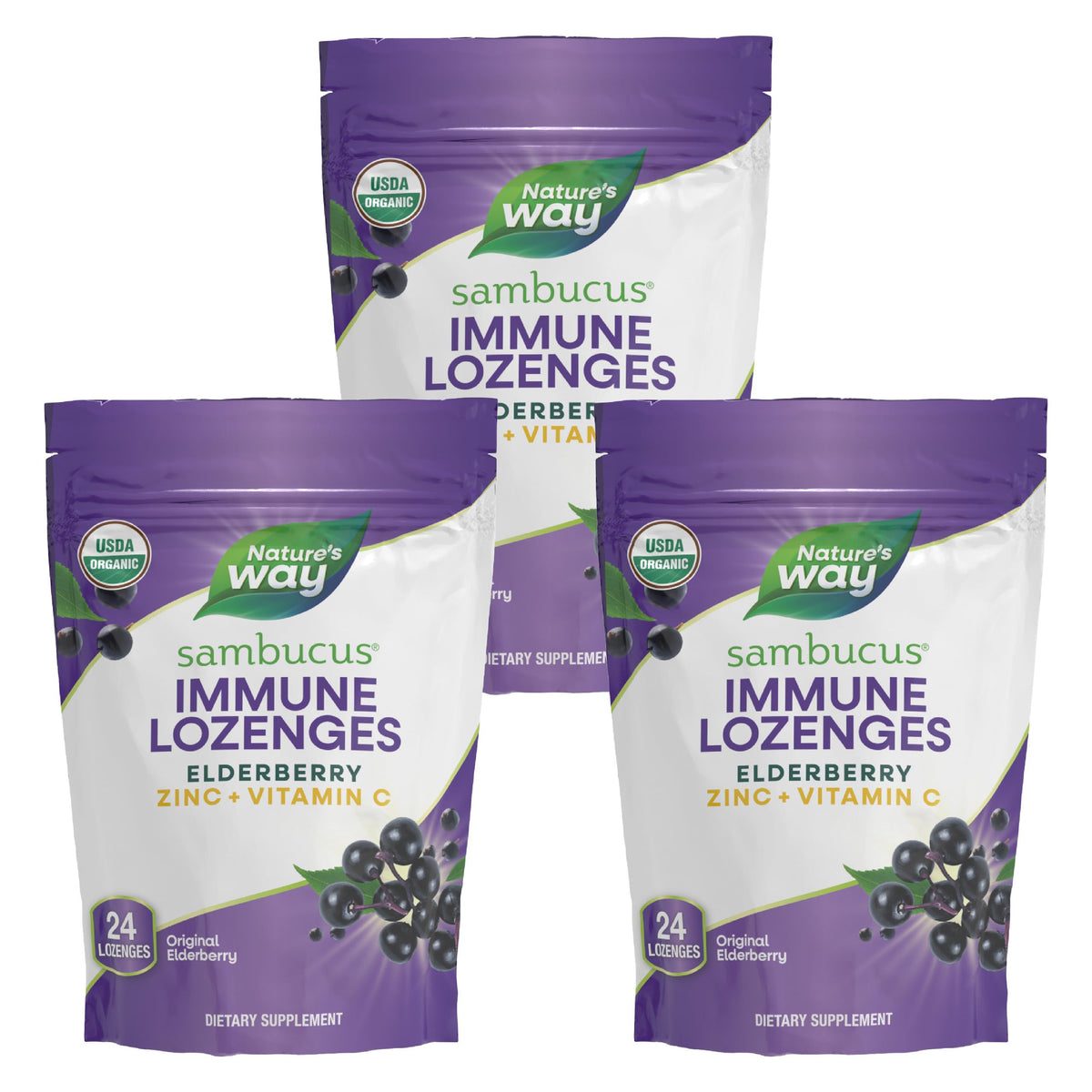 Nature's Way Sambucus immune lozenges packaging highlighting vegan, gluten-free wellness.