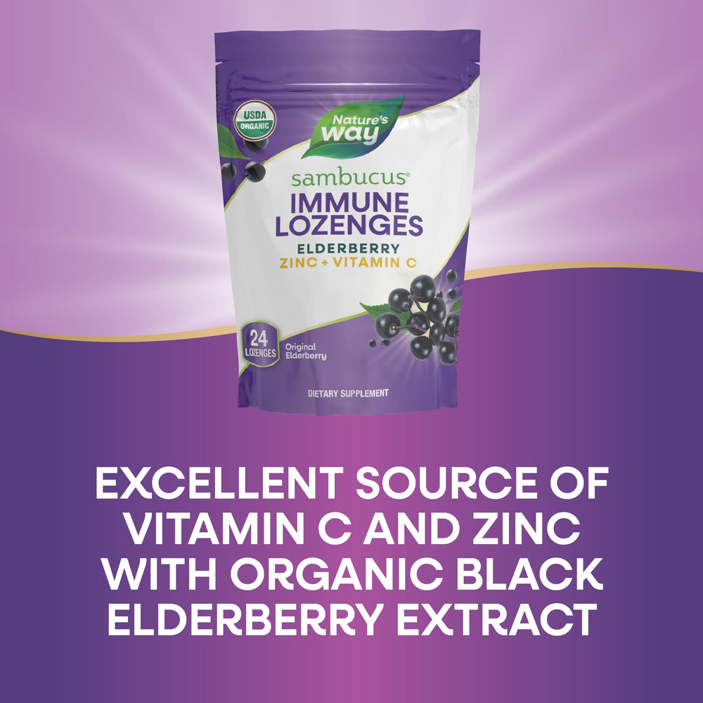Nature's Way Sambucus lozenges vegan gluten-free badge reflects allergy-friendly formulation.