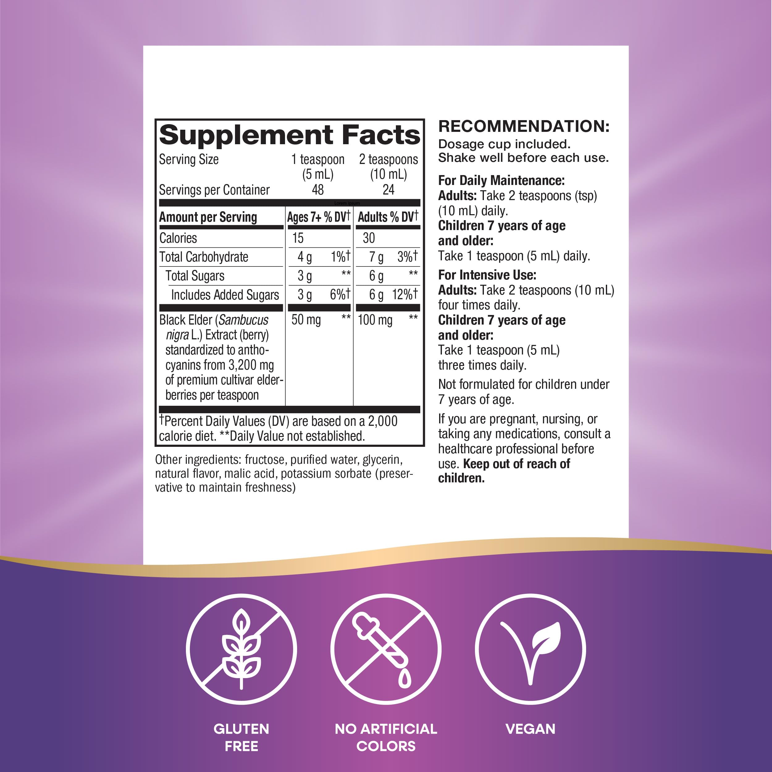 Nature's Way Sambucus bottle with child dosing illustration for daily use.