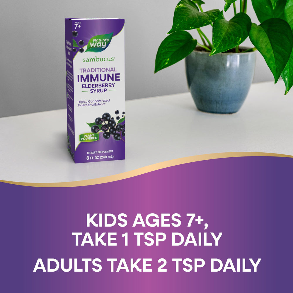 Nature's Way Sambucus packaging showing gluten-free vegan badge.