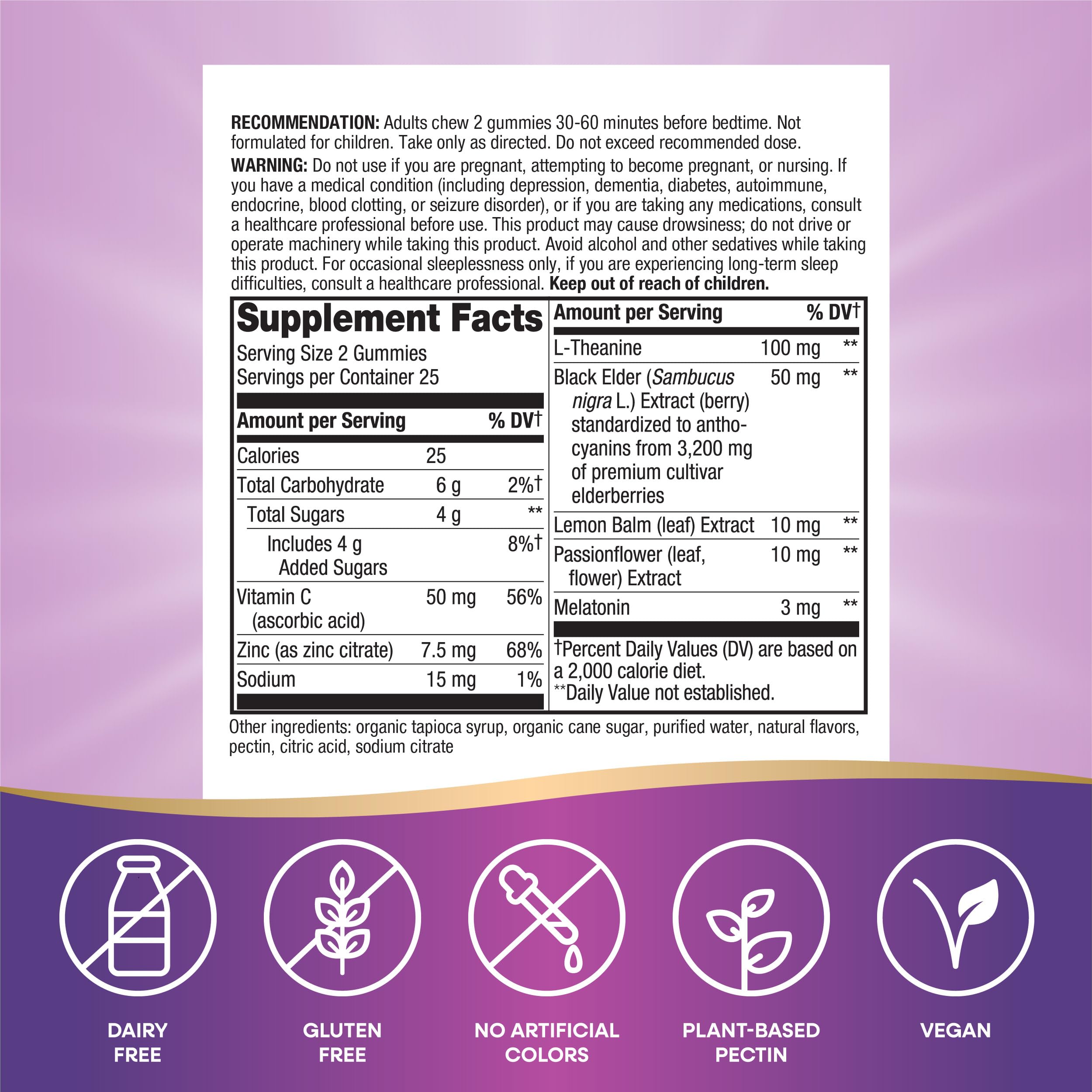 Ingredient panel features elderberry, lemon balm, passionflower, and L-theanine.